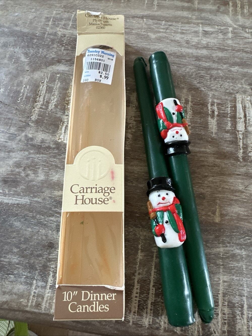 Vintage 10” Green Christmas Snowmen Carriage House Candles In Box Unused USA
